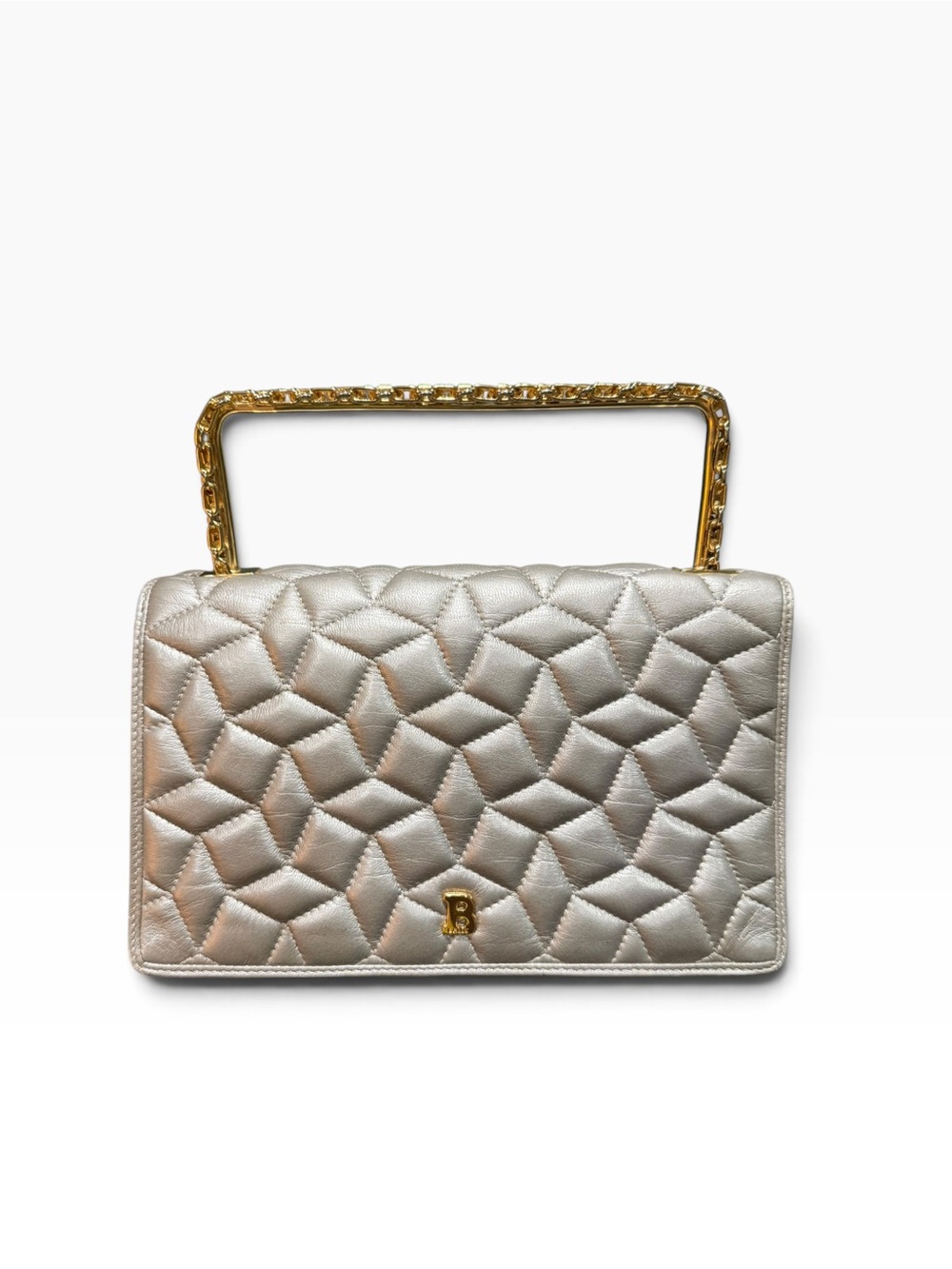 Vintage Bally Metallic Silver Quilted Leather Gold Handle Evening Bag Italy